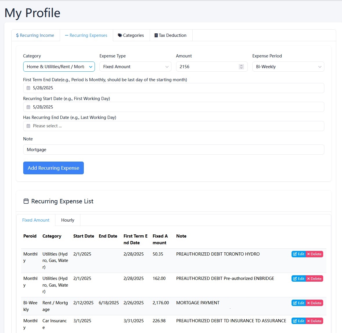 Recurring Transaction Setup Screenshot