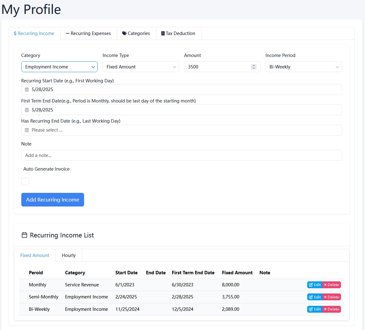 Recurring Transaction Setup Screenshot