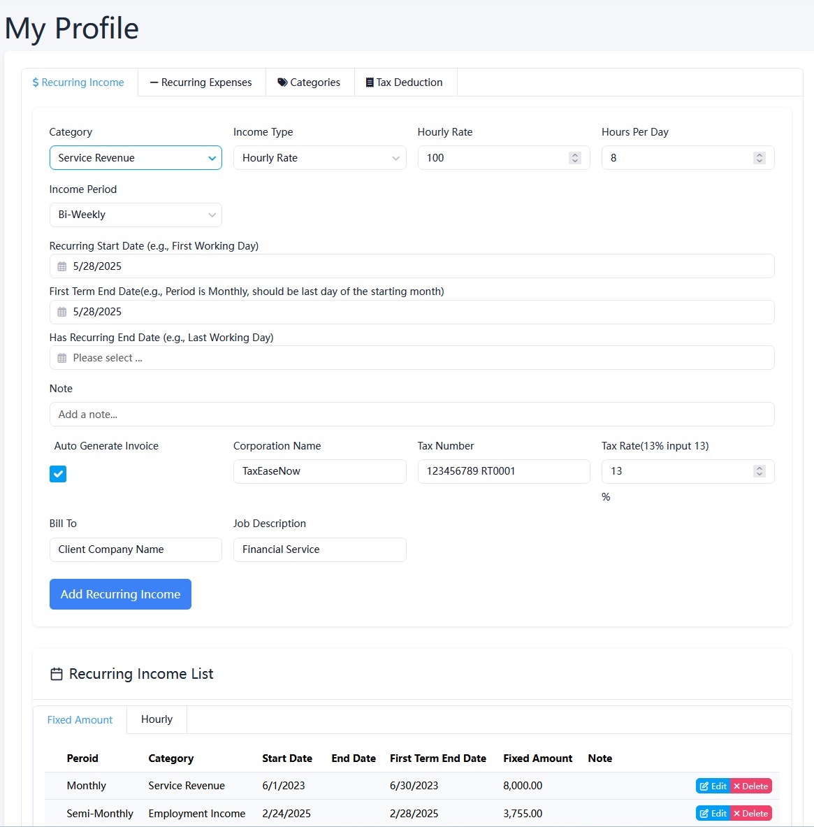 Recurring Transaction Setup Screenshot